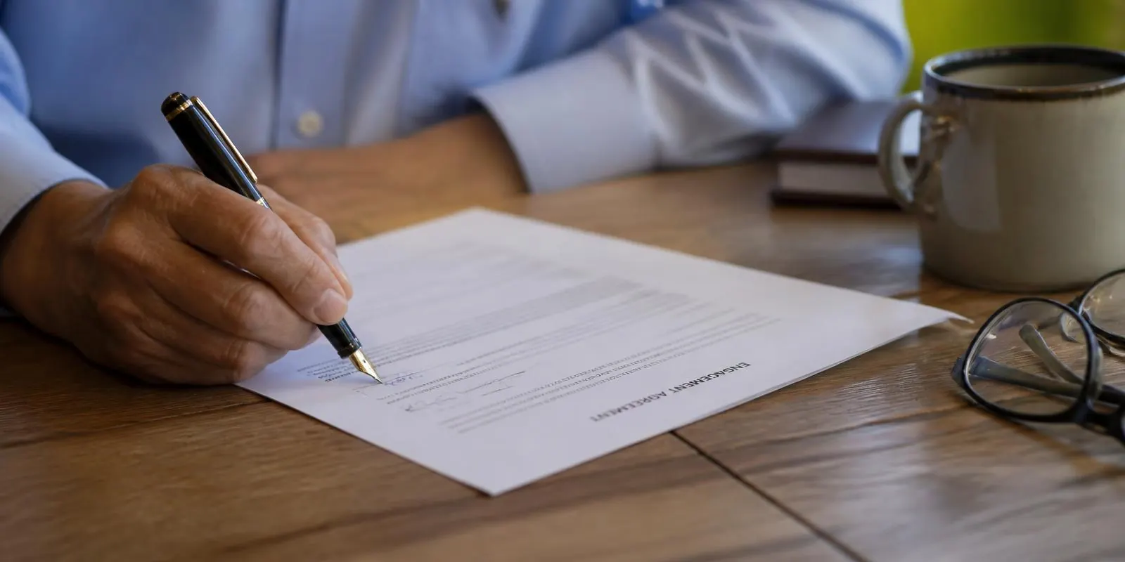 An owner signing a printed engagement agreement at a desk