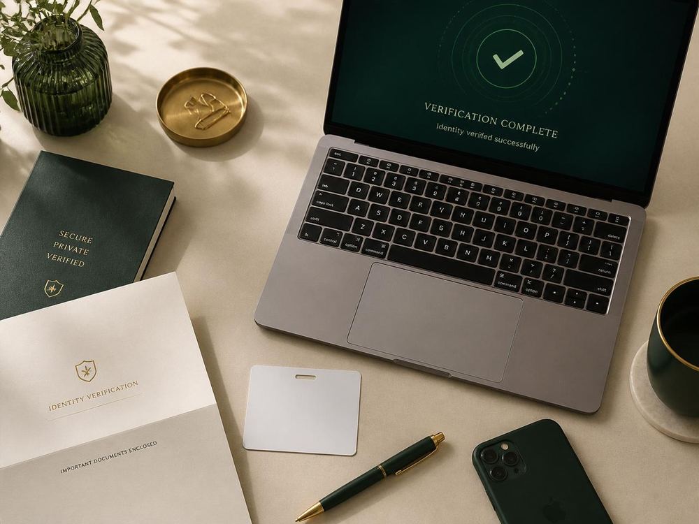 Identity documents, a phone and a laptop showing a completed secure verification check